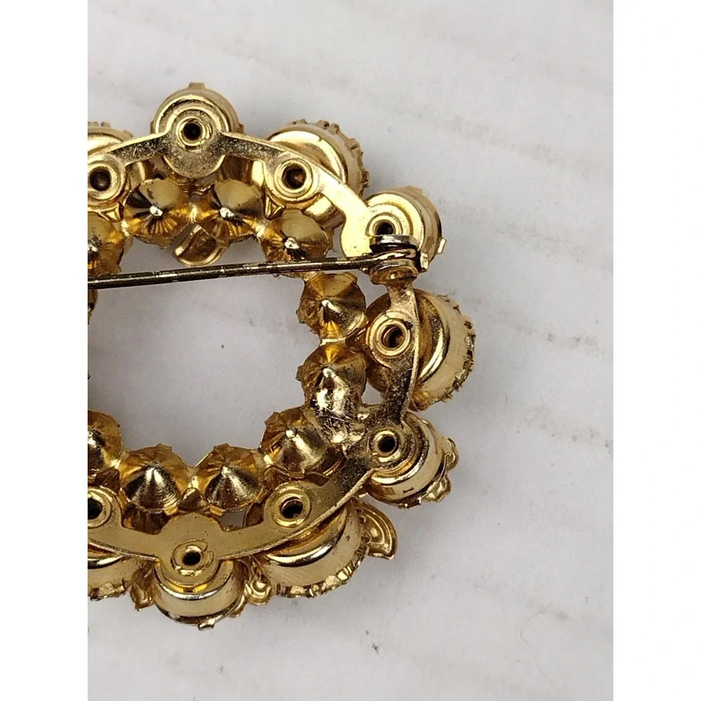 Vintage Floral Yellow and Green Open Back Rhinestone Daisy Flower Brooch 1960s